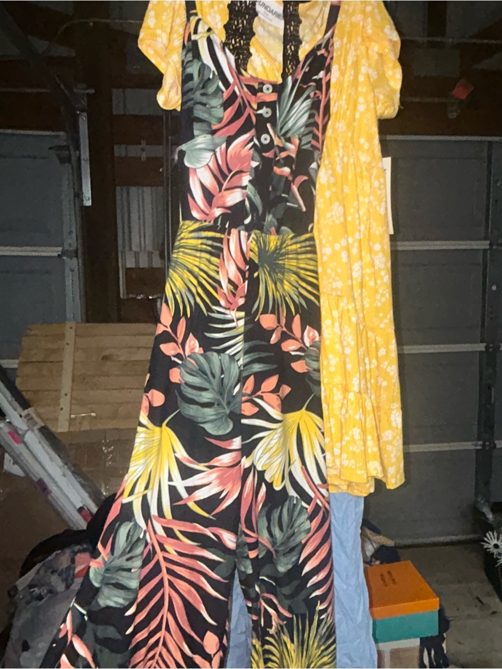 No Boundaries Black Maxi Jumpsuit with Coral, Yellow and Green Tropical Leaves